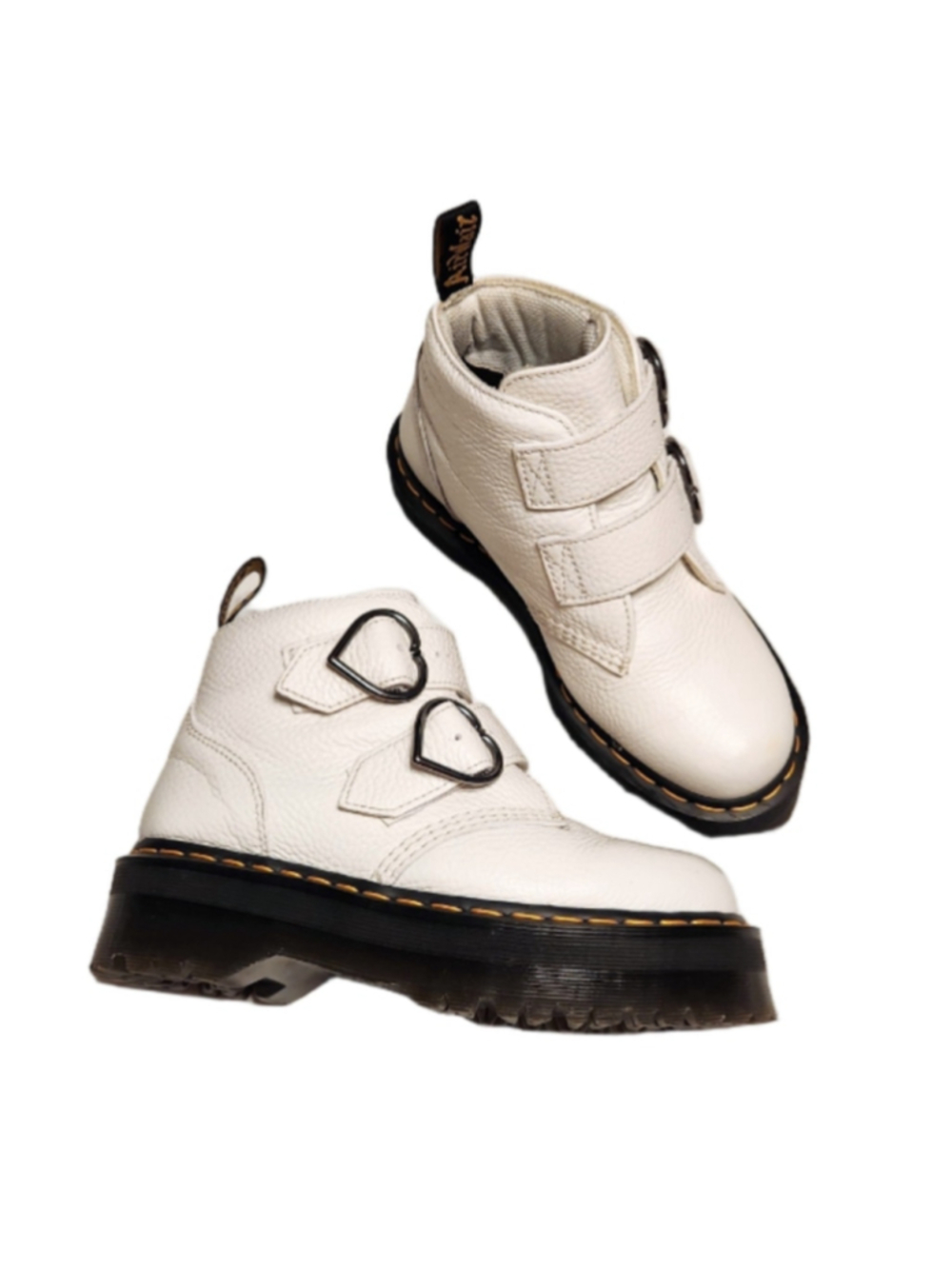 Dr. Martens Devon Heart Buckle Pebbled Leather Quad Sole Platform White Boots 8
